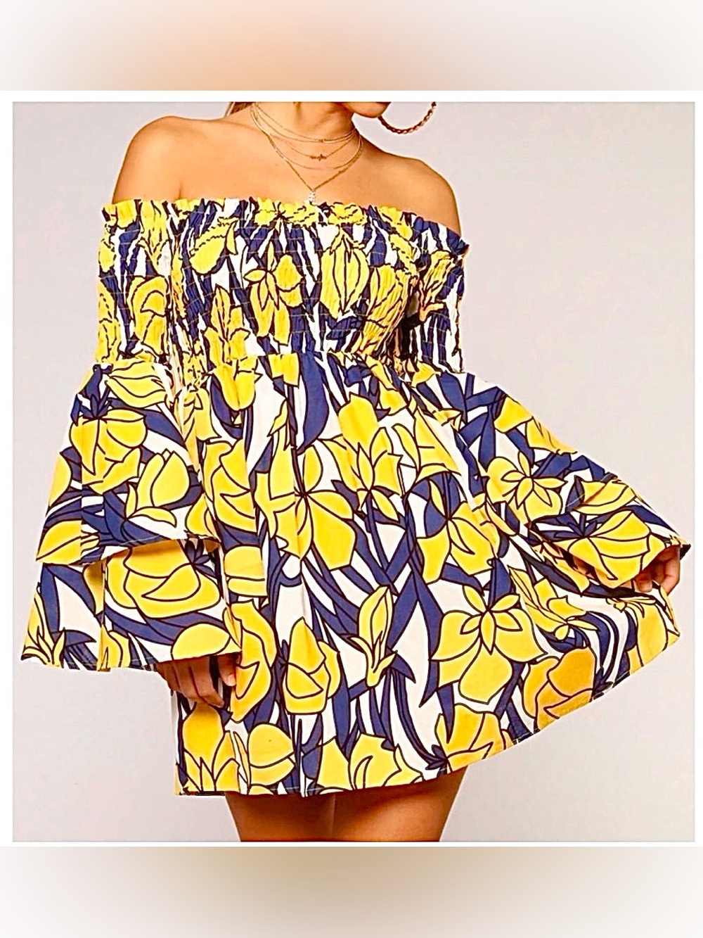L’ATISTE Yellow Floral Off Shoulder Smocked Cotton Linen Blend Mini Dress Size L